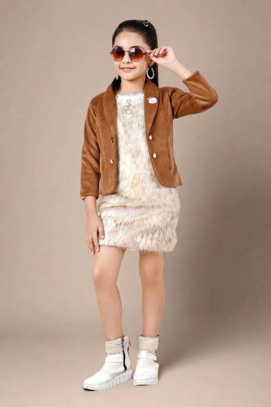 Cream Onepiece For Girls With Brown Blazer