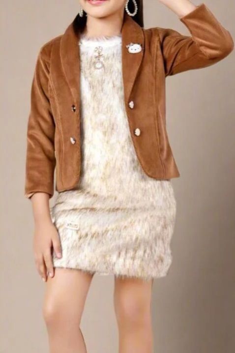 Cream Onepiece For Girls With Brown Blazer