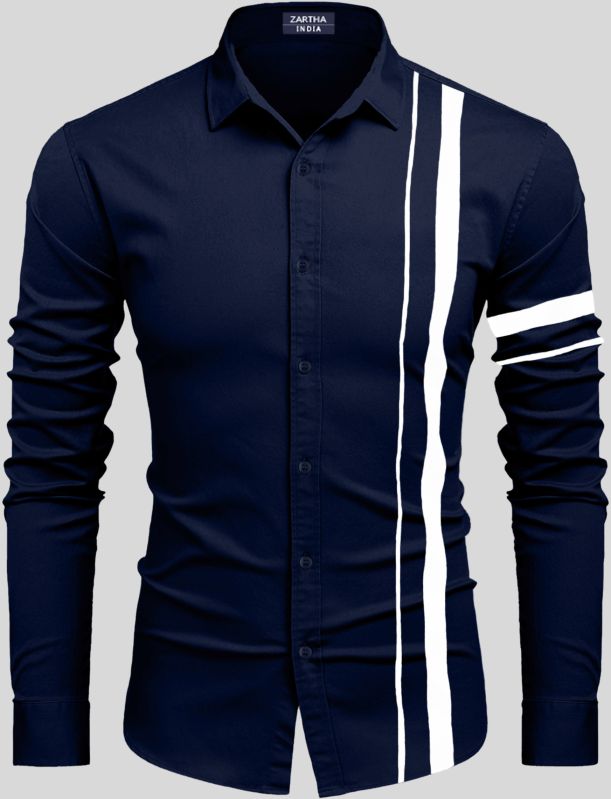 Mens Cotton White One Striped Navy Blue Shirt