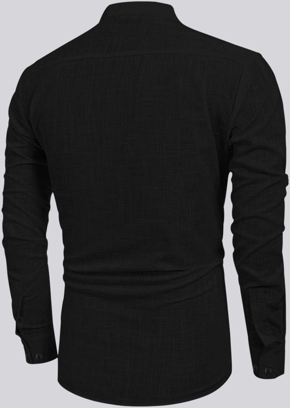 Mens Black Cotton Linen Full Sleeves Regular Fit Short Kurta Shirt