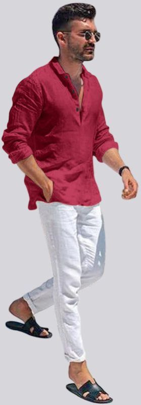 Mens Burgundy Cotton Short Kurta Shirt