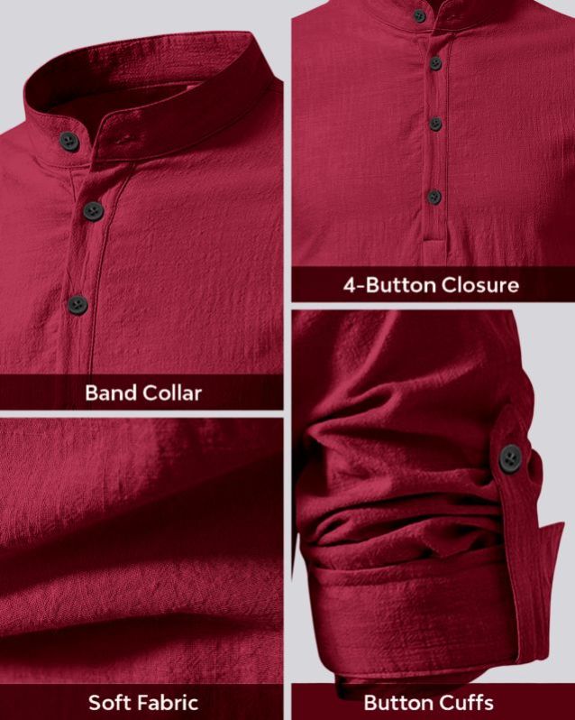 Mens Burgundy Cotton Short Kurta Shirt