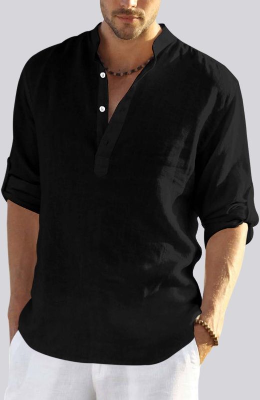 Mens Black Cotton Linen Full Sleeves Regular Fit Short Kurta Shirt