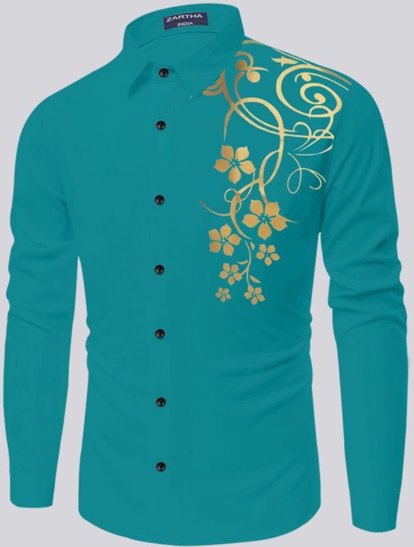 Mens Blue Regular Fit Cotton Printed Shirt