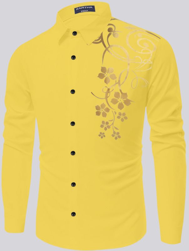 Mens Printed Cotton Yellow Shirt