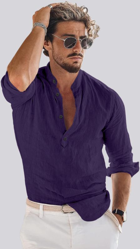 Mens Purple Cotton Short Kurta Shirt