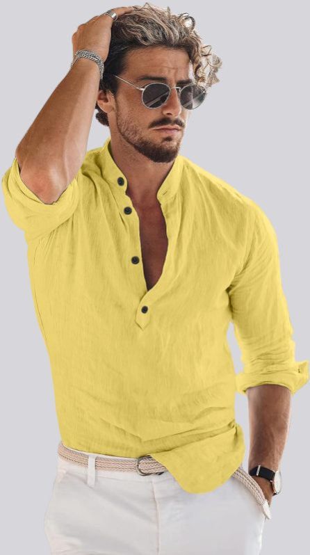 Mens Yellow Cotton Short Kurta Shirt