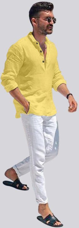 Mens Yellow Cotton Short Kurta Shirt