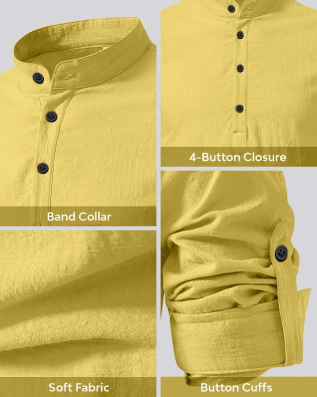 Mens Yellow Cotton Short Kurta Shirt