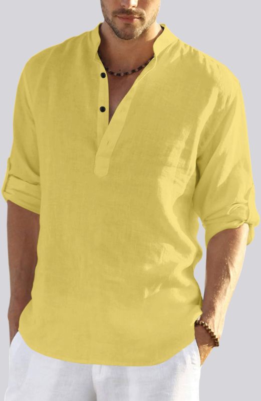 Mens Yellow Cotton Linen Full Sleeves Regular Fit Short Kurta Shirt