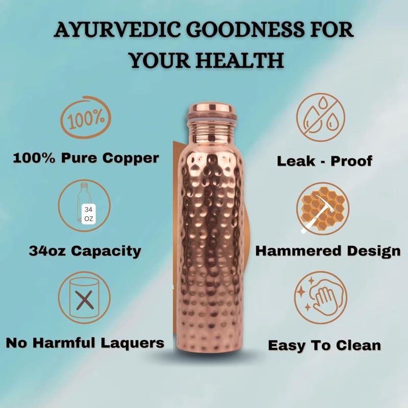 Water Bottle (34oz/1000ml) Handcrafted Ayurvedic 100% Pure Copper Water Bottle For Drinking | Heavy