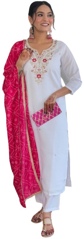 Ladies White Bsy Viscose Embroidered Kurta, Pant And Dupatta Set