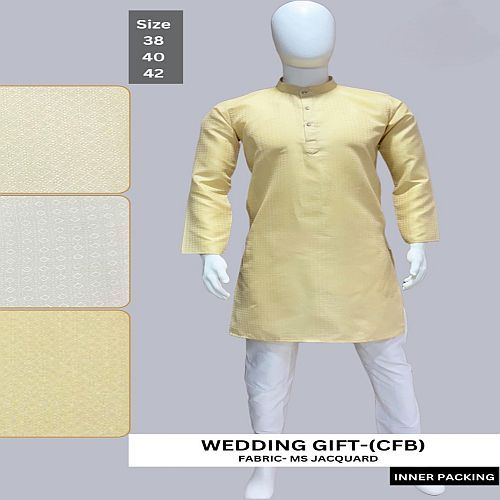 Mens Light Yellow Jacquard Kurta Pajama Set