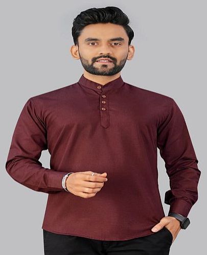 Mens Maroon Plain Cotton Short Kurta
