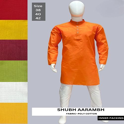 Mens Orange Poly Cotton Kurta Pajama Set