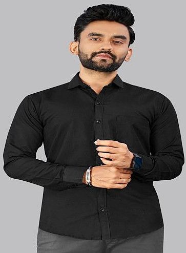 Mens Plain Black Cotton Full Sleeve Shirt