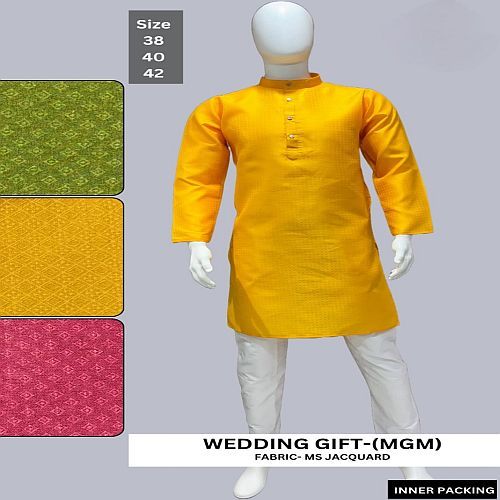 Mens Plain Jacquard Yellow Kurta Pajama Set