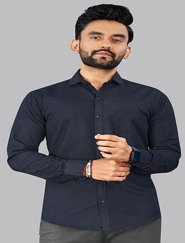 Mens Plain Navy Blue Cotton Full Sleeve Shirt