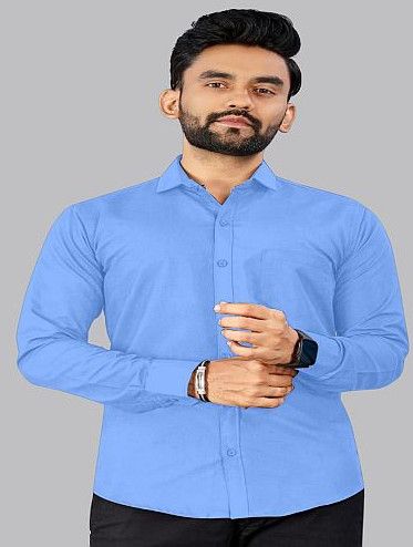 Mens Plain Sky Blue Cotton Full Sleeve Shirt