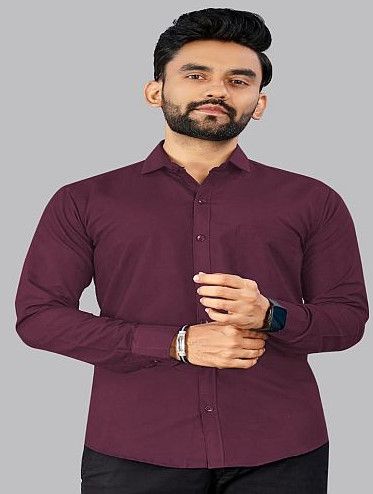 Mens Wine Plain Cotton Full Sleeve Shirt