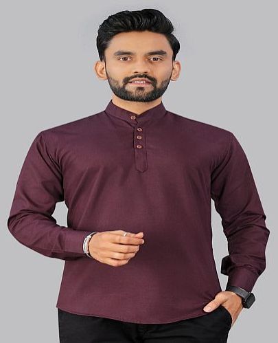 Mens Wine Plain Cotton Short Kurta, Brand Name : Henishka