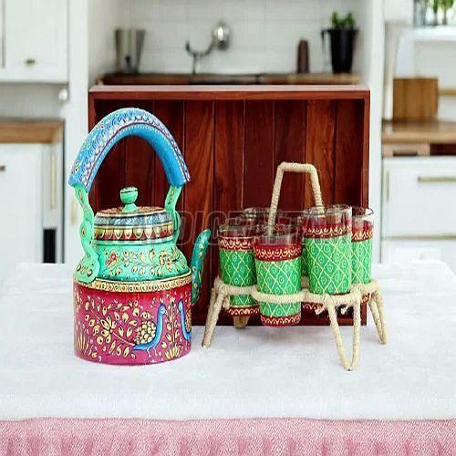 Red and Green Hand Painted Tea Kettle With Glass Set
