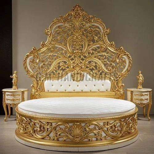 Polished Luxury Carved Wooden Double Bed, Color : Golden