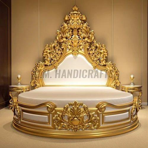 Teakwood Carved Luxury Double Bed, Color : Golden