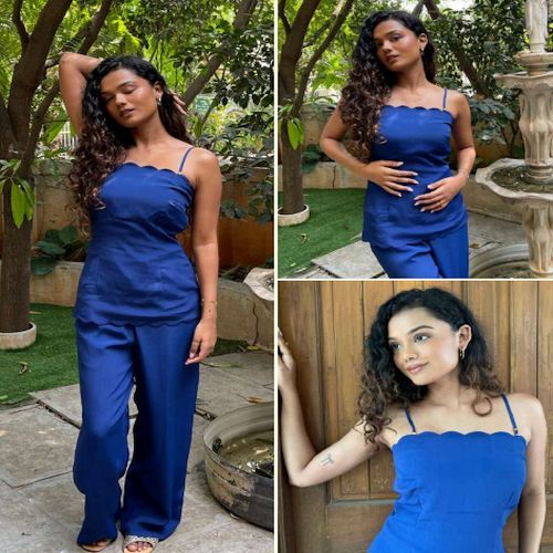 Dark Blue Cotton Strap Top with Palazzo Co-ord Set