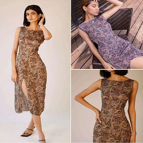 Modal Ladies Brown Printed Bodycon Midi Dress Casual, Party Wear
