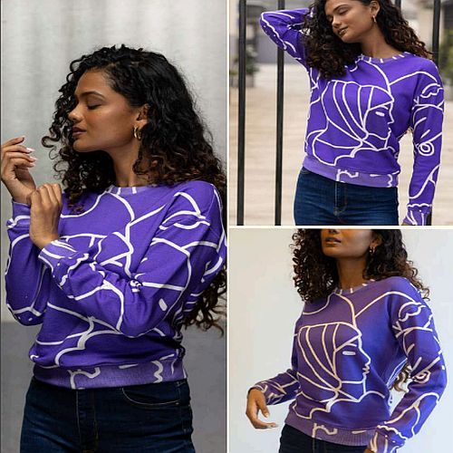 Round Neck Ladies Purple Cotton Printed Sweatshirt for Casual Wear