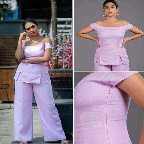 Purple Off Shoulder Cotton Top and Palazzo Co-Ord Set