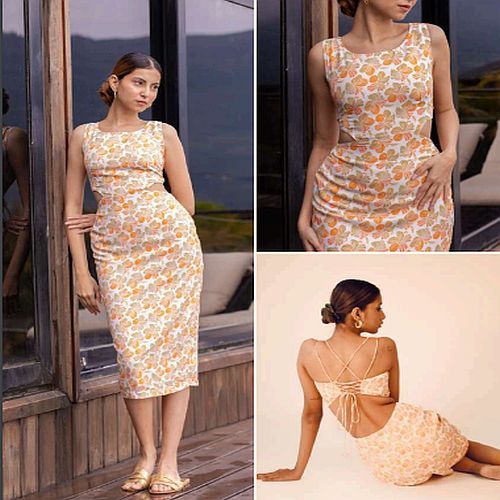 White and Orange Floral Printed Ladies Midi Dress