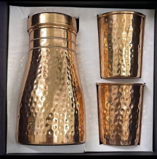 Pure Copper Hammered Bedroom Bottle with 2 Glass Set