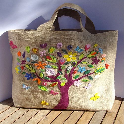 Brown Embroidered Jute Tote Bag for Everyday Use