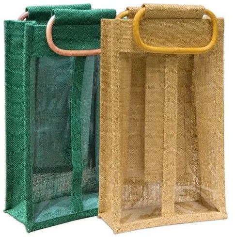 Cane Handle Jute 2 Bottle Bag, Color : Green, Brown