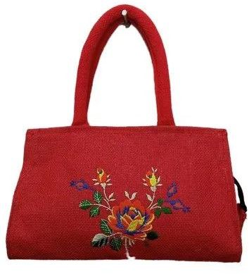 Red Loop Handle Embroidered Jute Handbag