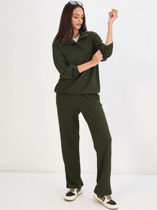 Olive Waffle Knit Zip Up Top