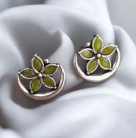 Moonflower Studs: Silver Toned Green Stone Stud Earring