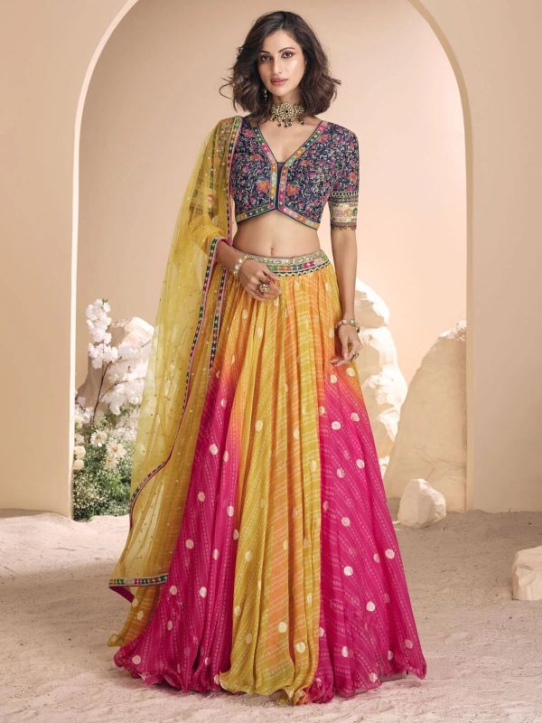 Blue And Yellow Embroidered Lehenga - Choli