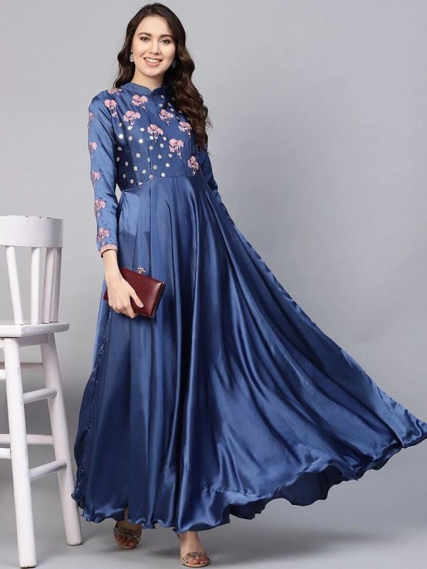 Ladies Blue Silk Partywear Dress