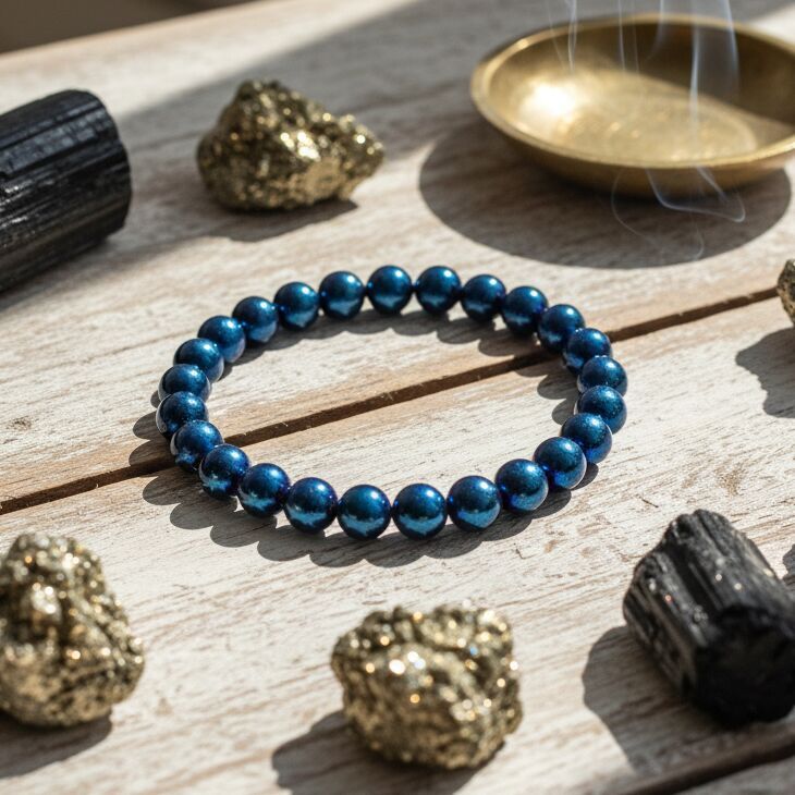 8mm Blue Coated Hematite Beaded Bracelet