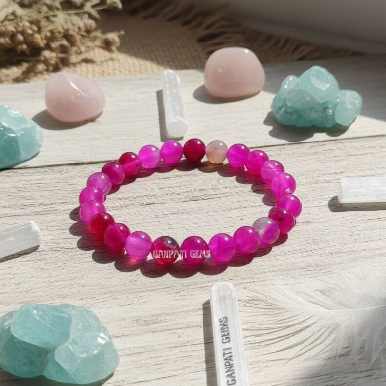 8mm Dyed Pink Agate Hot Pink Onyx Beaded Bracelet