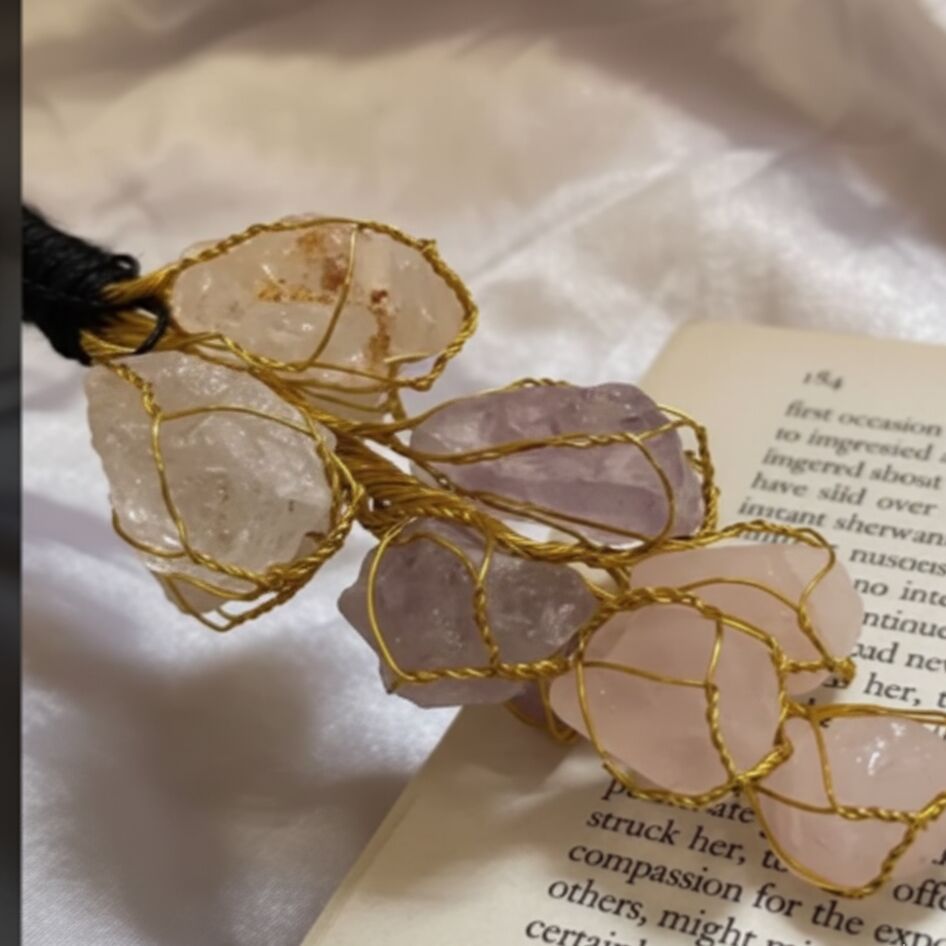 Amethyst Clear Rose Quartz Wire Wrapped Hanging Pendant