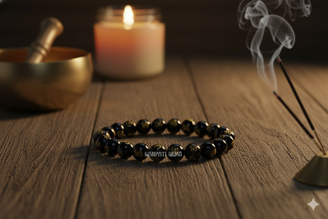 Gold Printed Black Onyx Om Mantra Beaded Bracelet