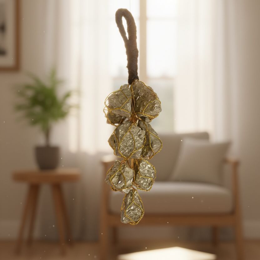 Wealth Abundance Natural Pyrite Raw Cluster Hanging Pendant