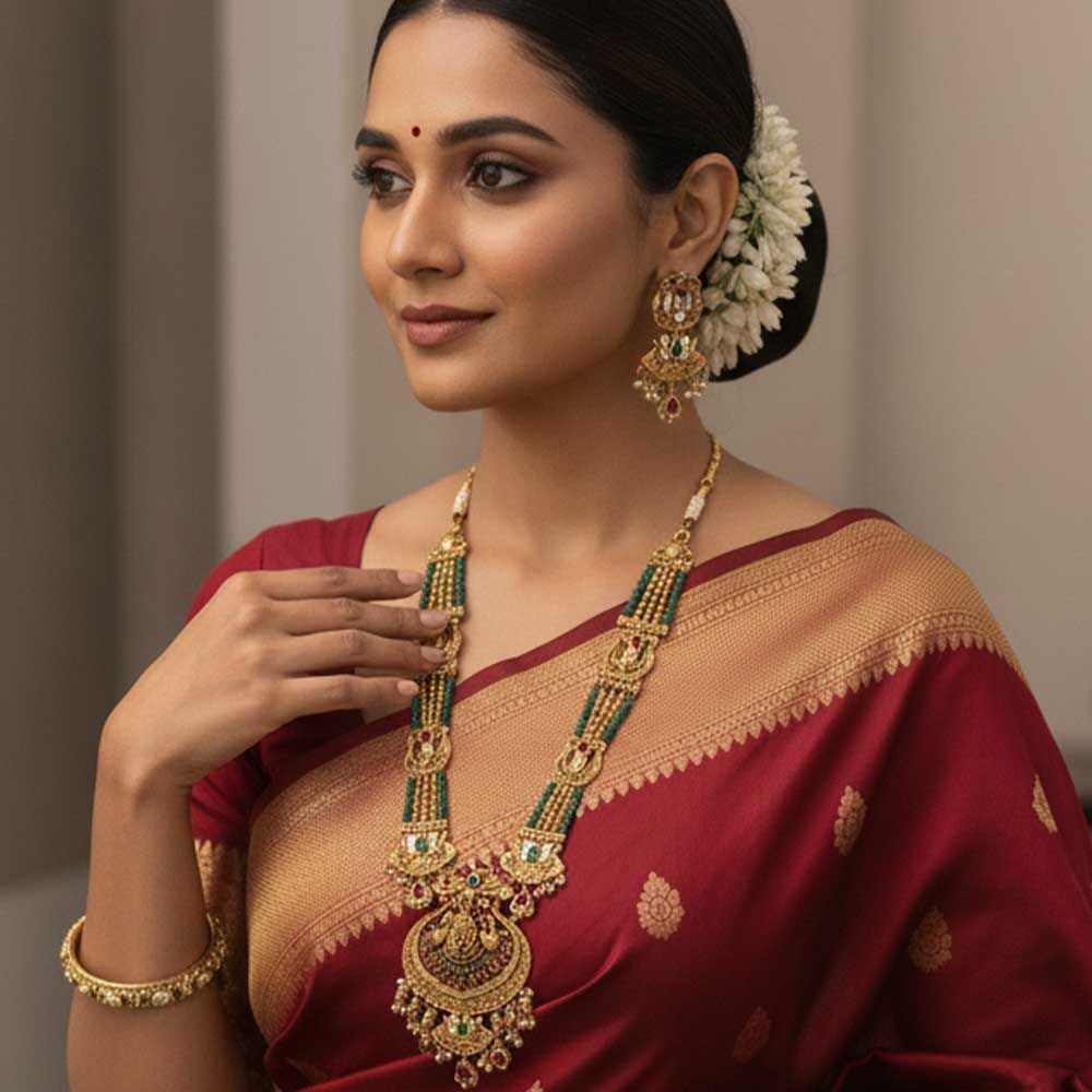 Antique Temple Style Long Necklace Set with Rich Rajwadi Finish