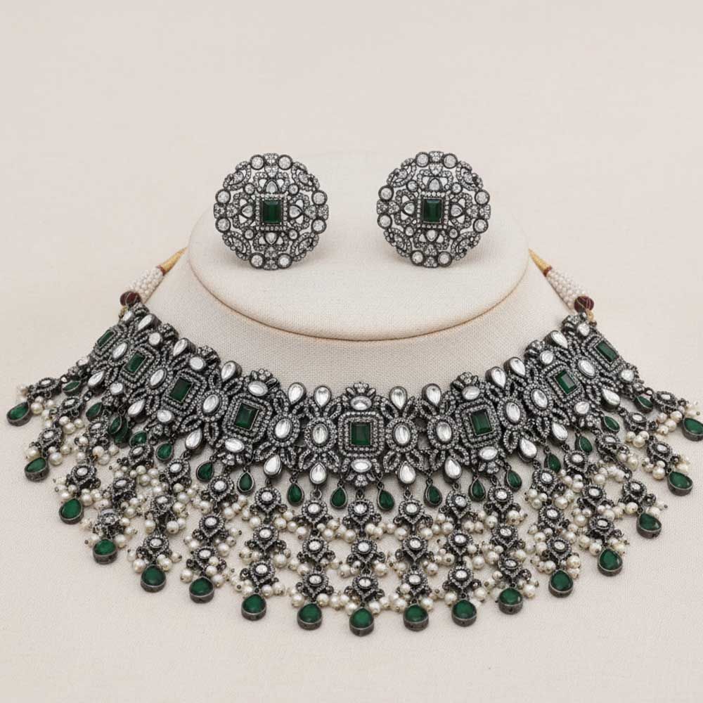 Luxury AD Full Stone Black Rhodium Polish Party Wear Necklace Set