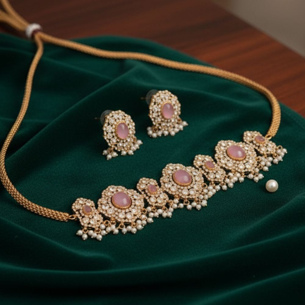 Premium Quality Kemp Jewellery Matte Gold Polish Designer Party Wear Kemp Choker Necklace Set