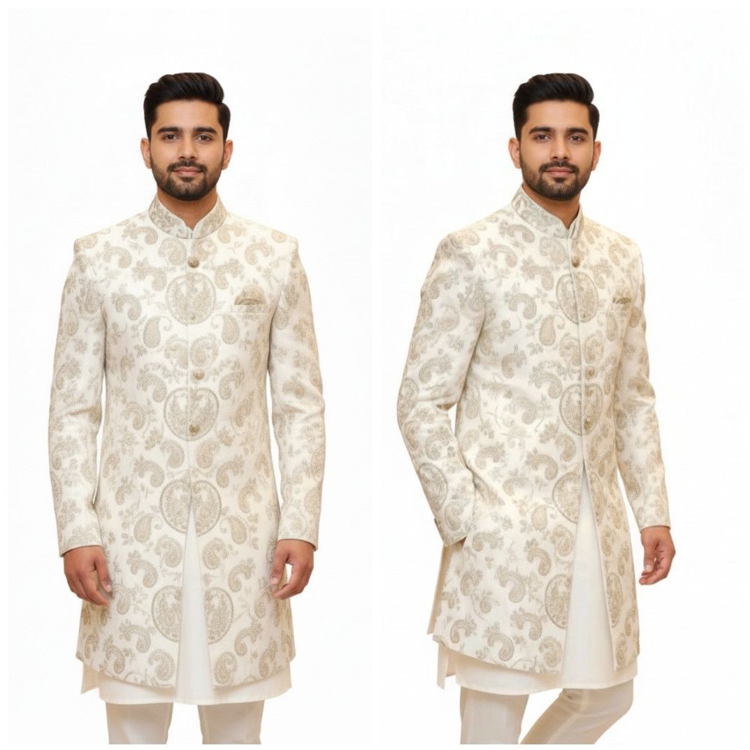 Mens White Silk Wedding Sherwani
